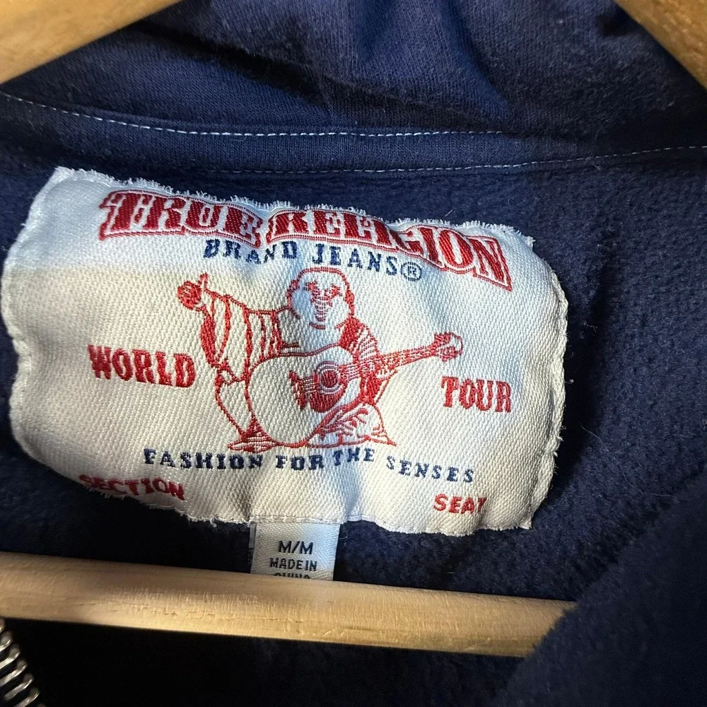 True Religion Mens Navy Blue World Tour Zip Up Hoodie Buddha Logo Size Medium